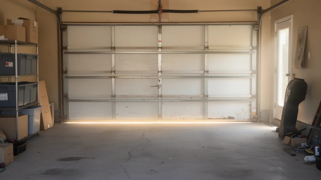 The garage door is partially open, showing the interior of a garage.