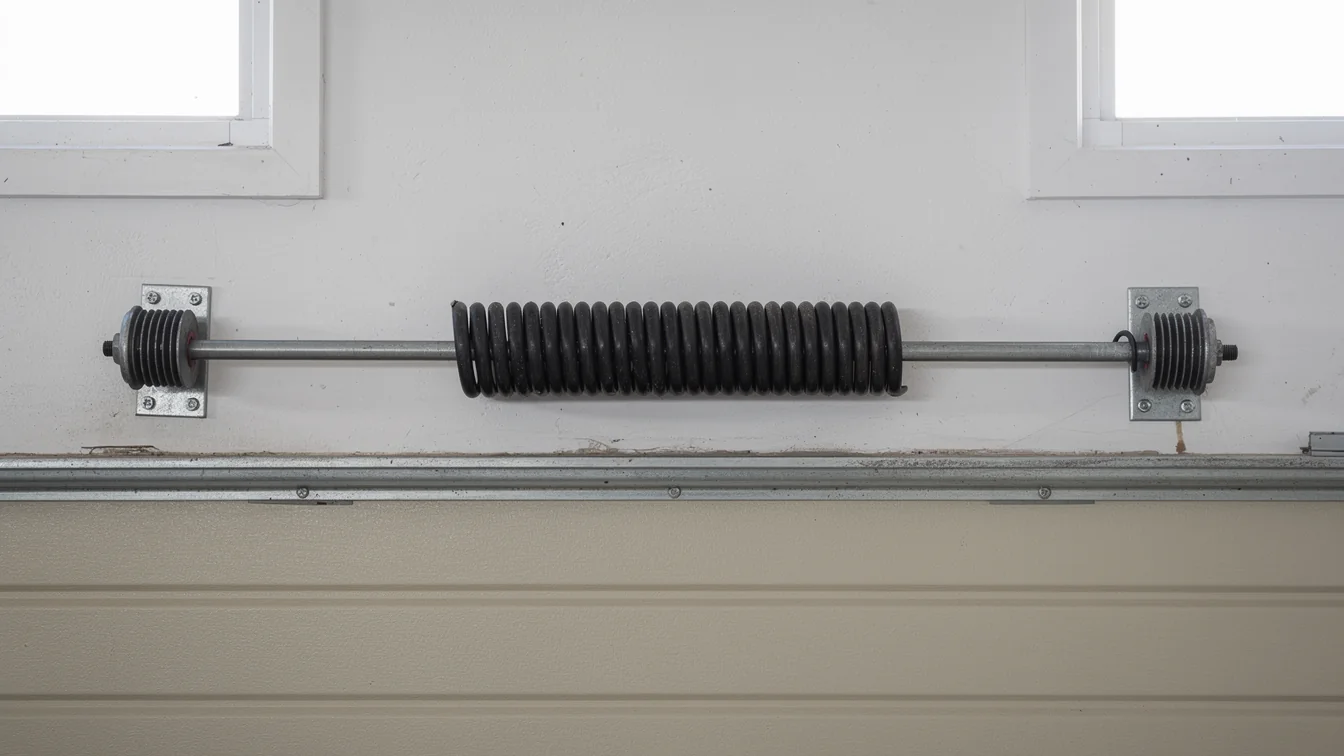A torsion spring is mounted above a garage door with two windows above.