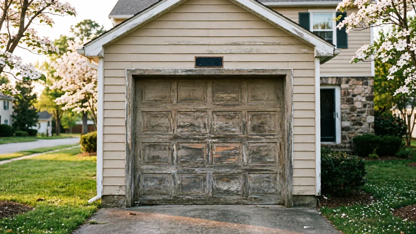 The garage door is weathered and peeling, with a house and trees in the background.