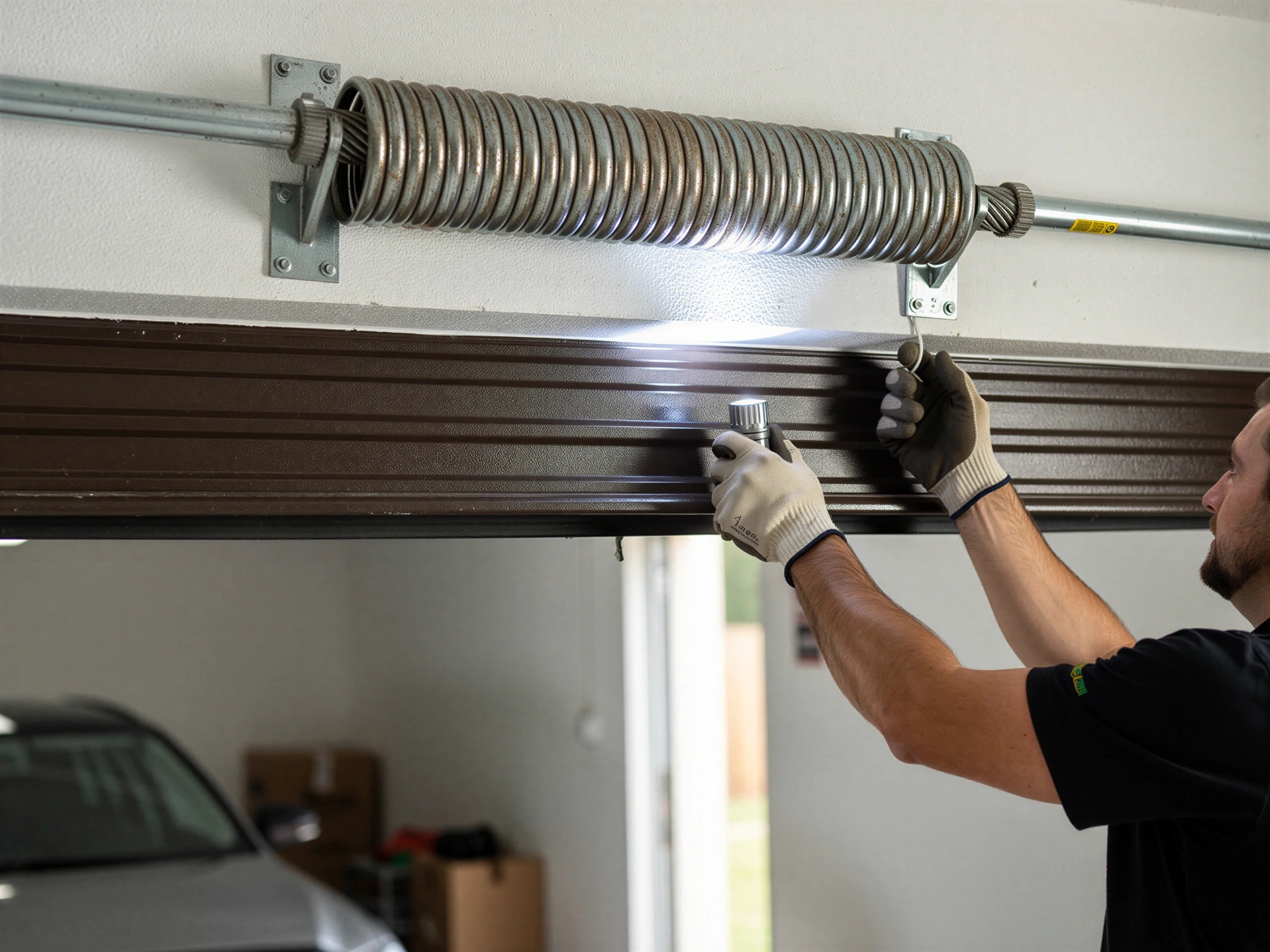 A technician wearing gloves works on a garage door torsion spring with a flashlight.